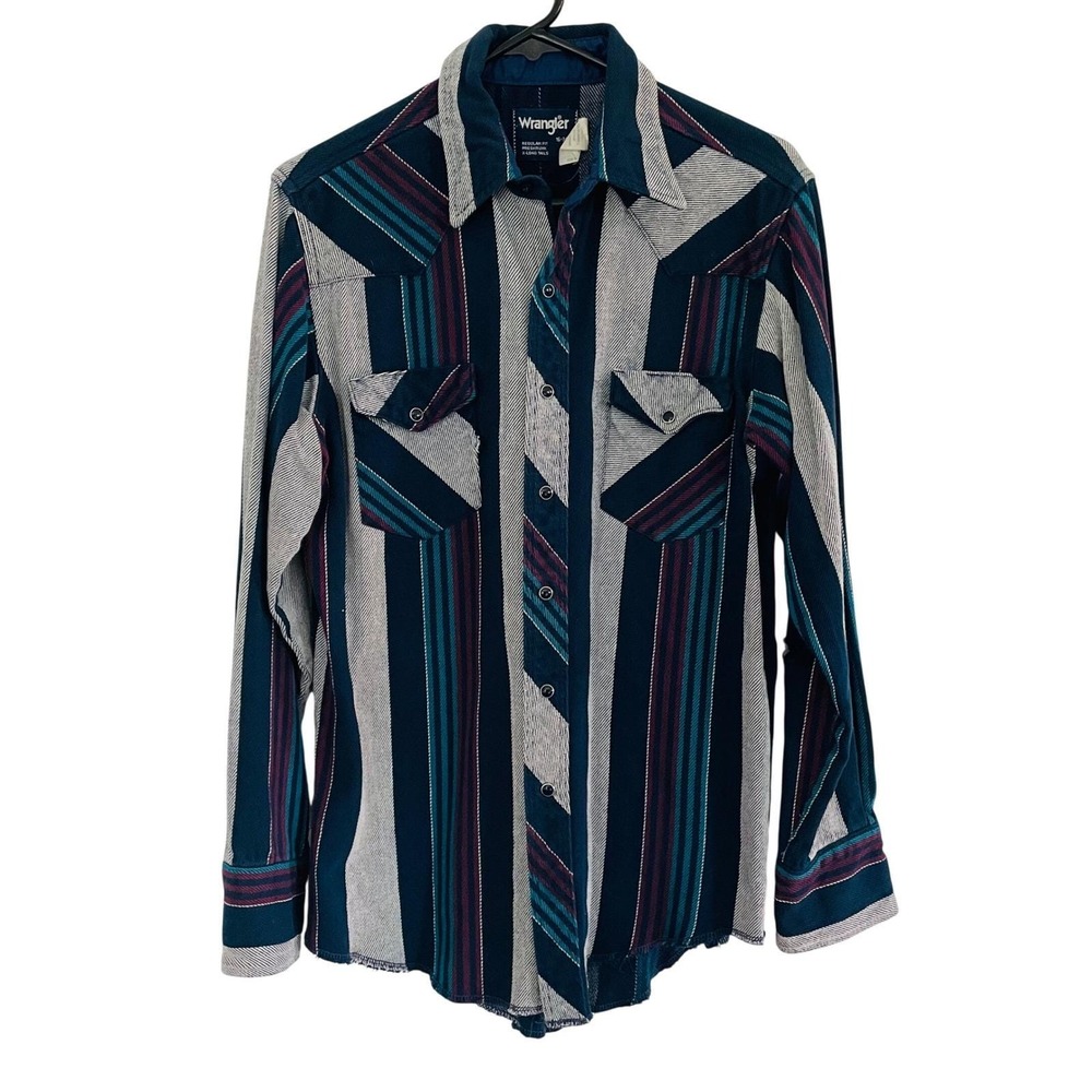 RARE Wrangler Brushpopper Western Shirt Blue Striped Pearl Snap Mens 16-34 Large